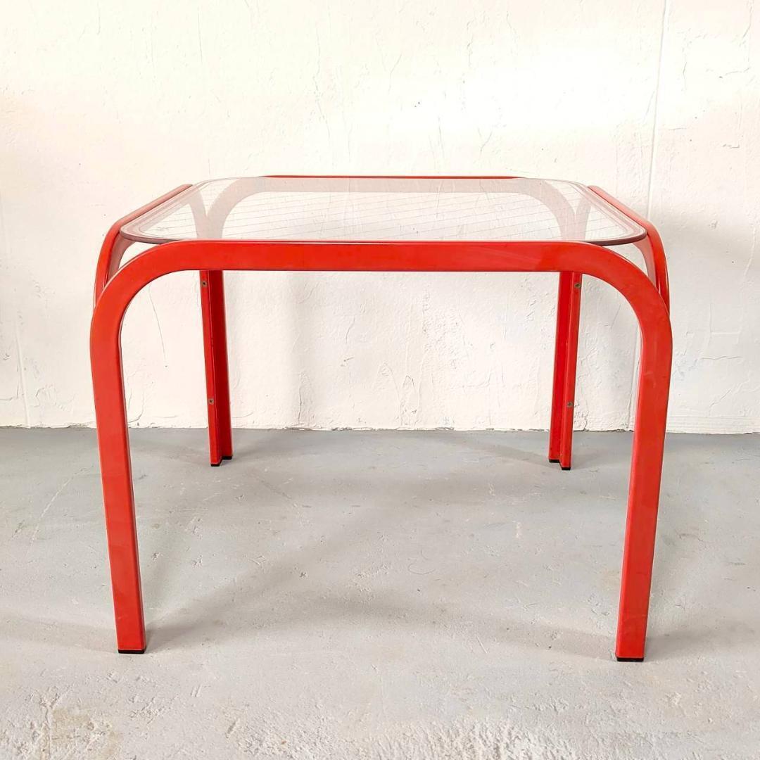 昭和レトロ かわいい テーブル 赤 強化ガラス 幅48cm ミッド