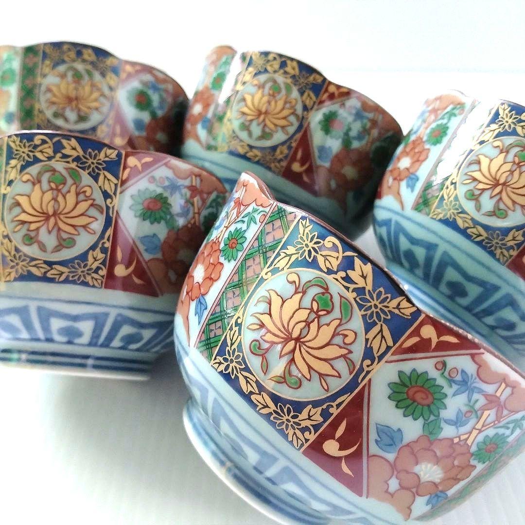 有田焼 古伊万里 金彩 金襴手 色錦 色絵 小鉢 深鉢 和食器 輪花皿 5客