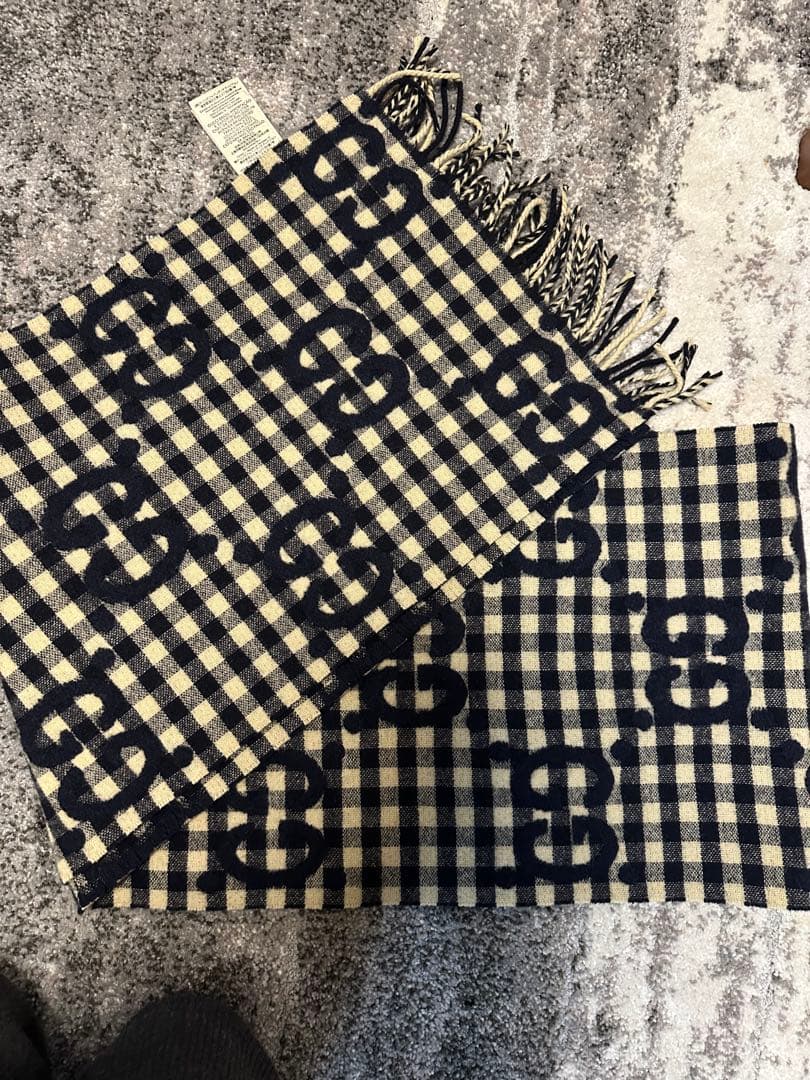 GUCCI チェック柄マフラー ネイビー/ベージュ GUCCI（グッチ） ストール メンズ レディース ウール100% GG柄