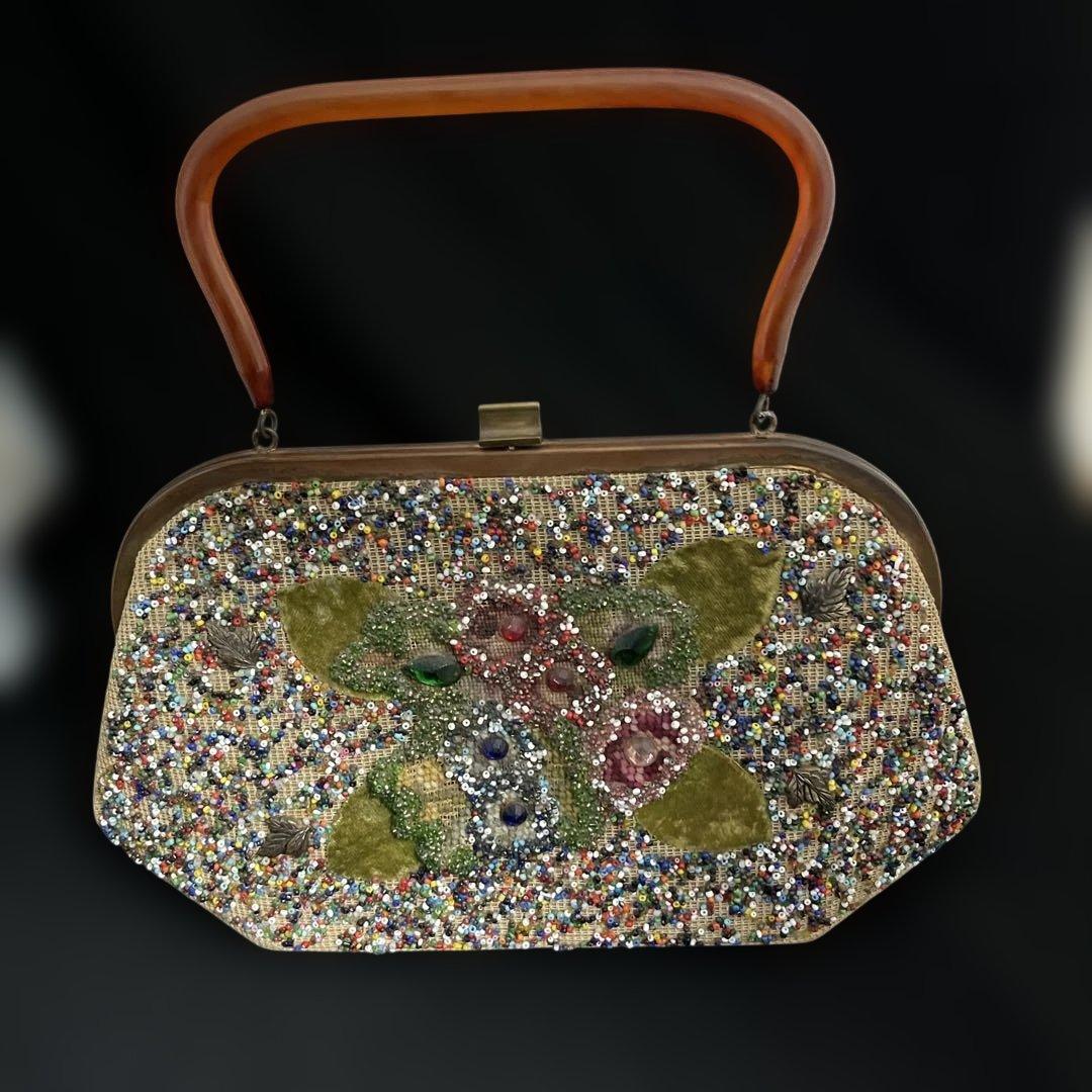 昭和レトロ アンティーク ビーズ装飾 花柄 パーティーバッグ - メルカリ