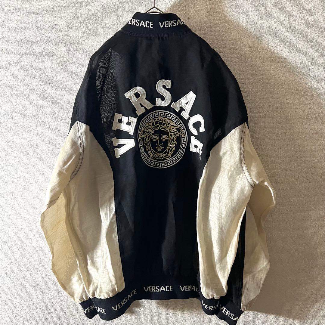 90s VERSACE シアー ボンバージャケット メデューサ ブラック 刺繍 Versace バロッコ シー リバーシブル ボンバージャケット | ブラック