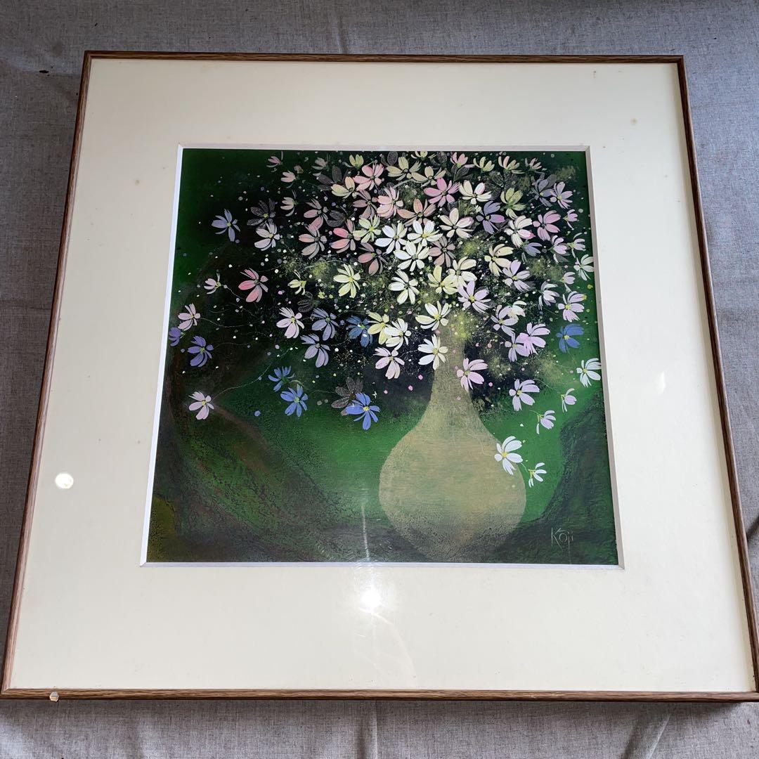希少 コスモス画家 荒木幸史 Koji サインあり ガラス 額装 絵画 静物画