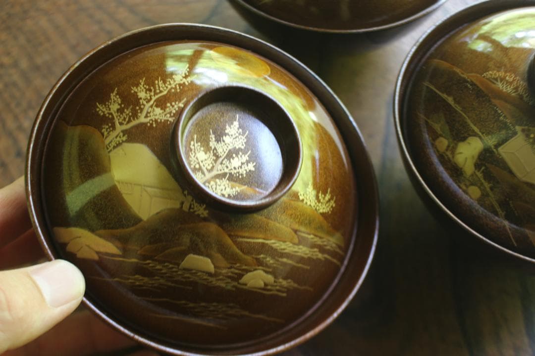 時代逸品！時代総梨地に優美な山水楼閣蒔絵の映えるお椀5点（