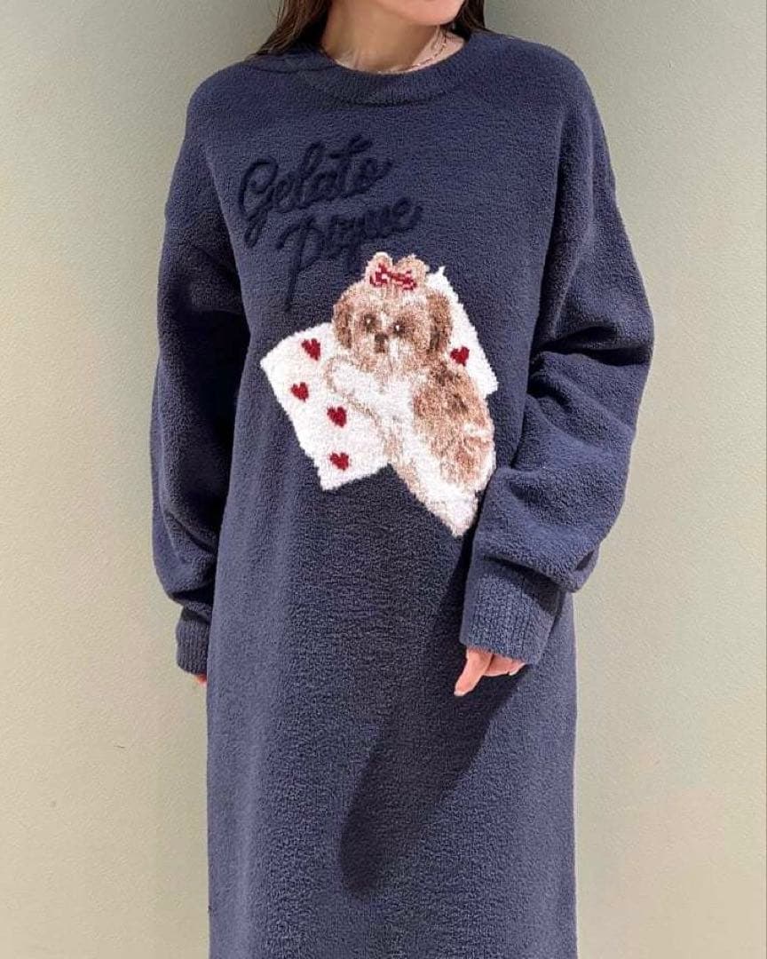 ジェラートピケ シーズー ジャガードワンピース ネイビー 新品 犬柄