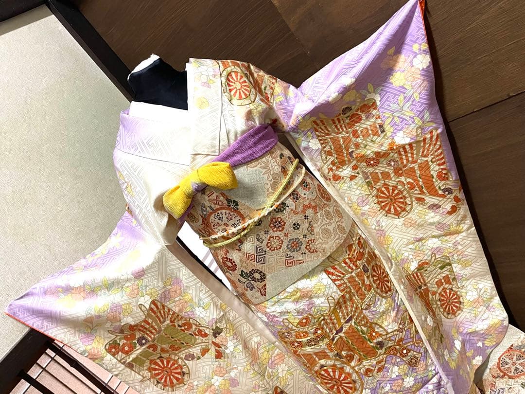 振袖フルセット6点サイズM〜L駒刺繍 御所車花文 暈し