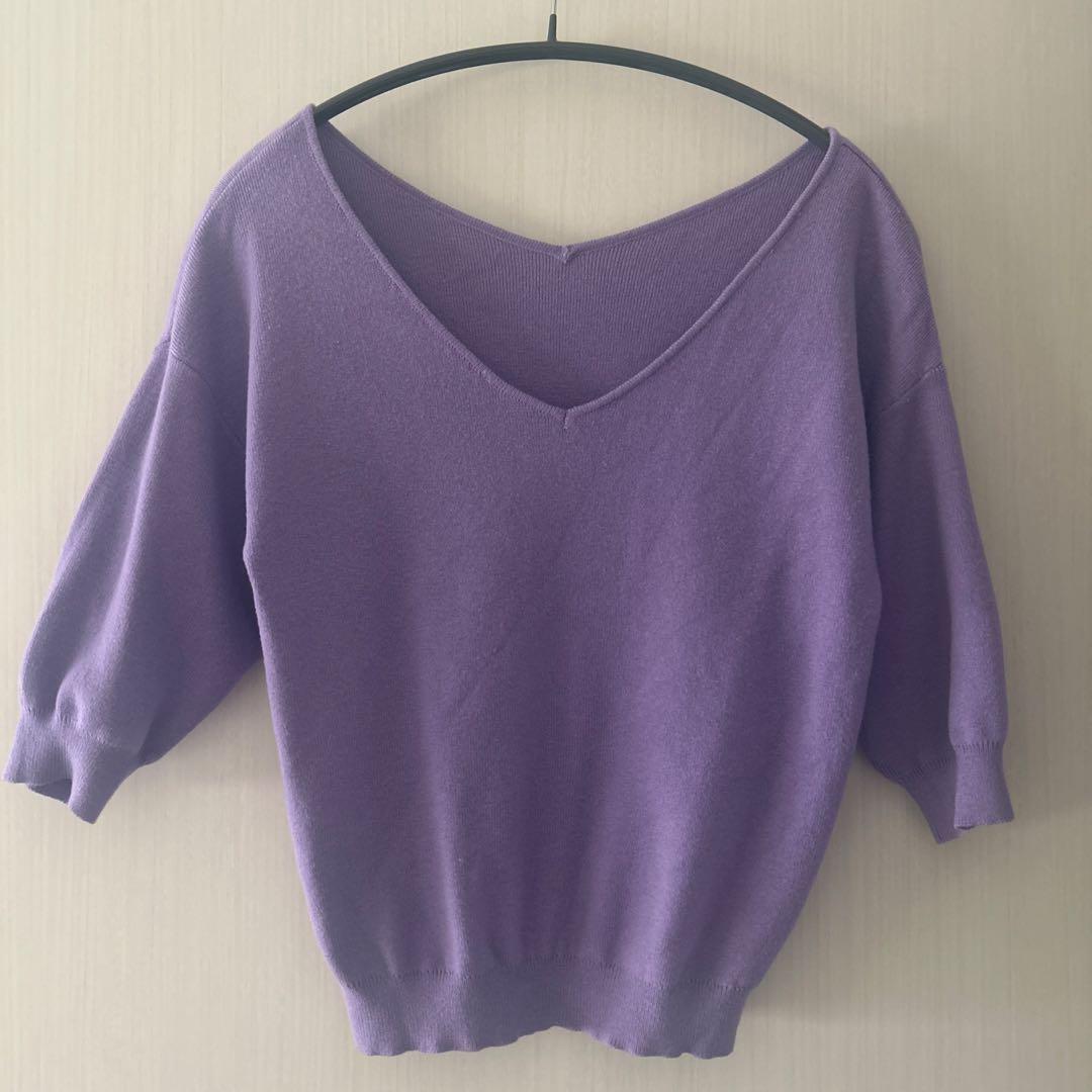 グレイル 前後Vネック5部袖ニットトップス ラベンダー 紫 パープル 春