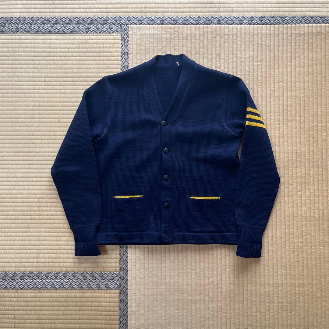 70-80s? VINTAGEレタードカーディガン 濃紺ナス紺 ワッペン無し M