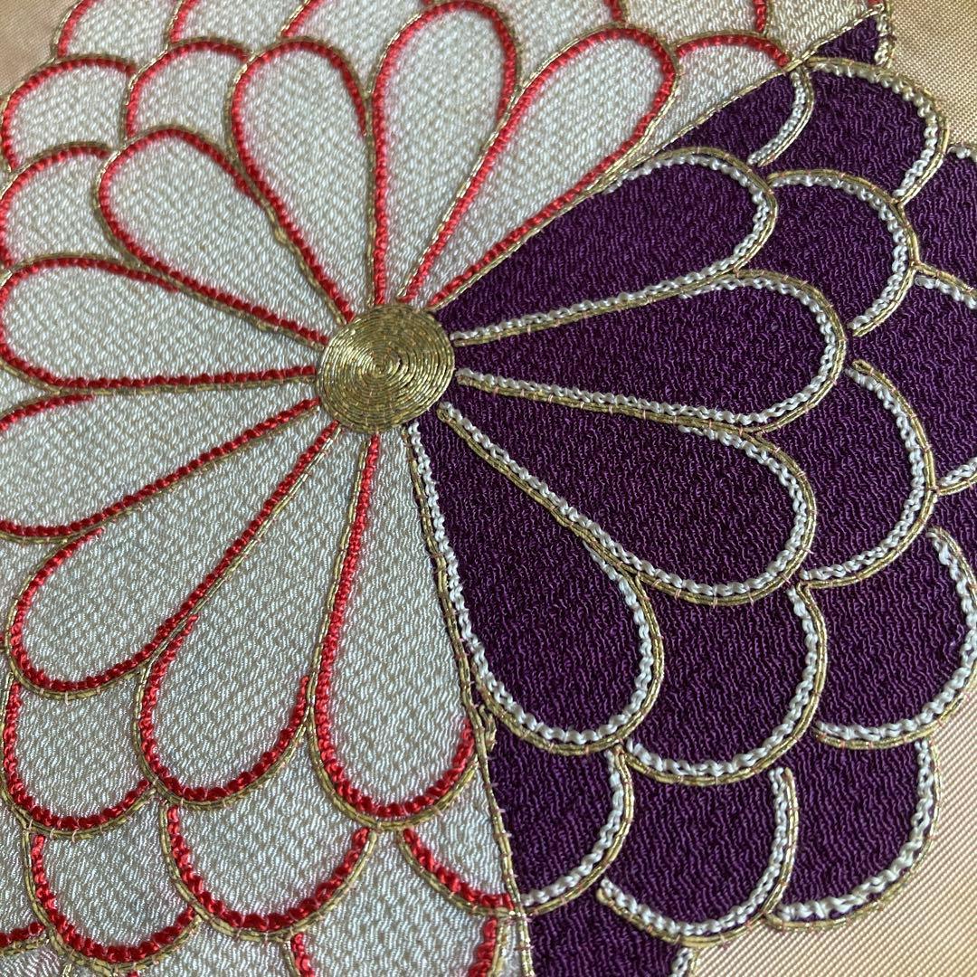 アンティーク名古屋帯 楓と菊 刺繍 金駒刺繍 暈し 大正ロマン 正絹 N4