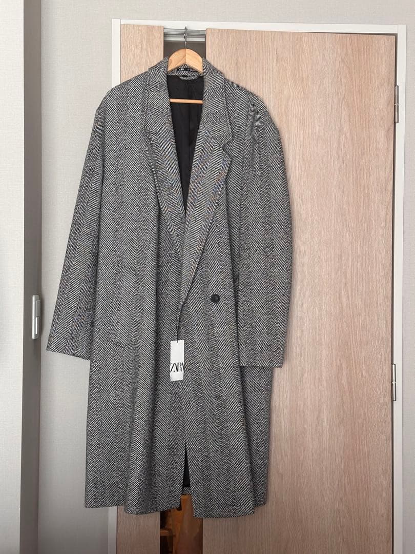 ZARA ダブルブレスト ヘリンボーン柄 グレー チェスター コート XL