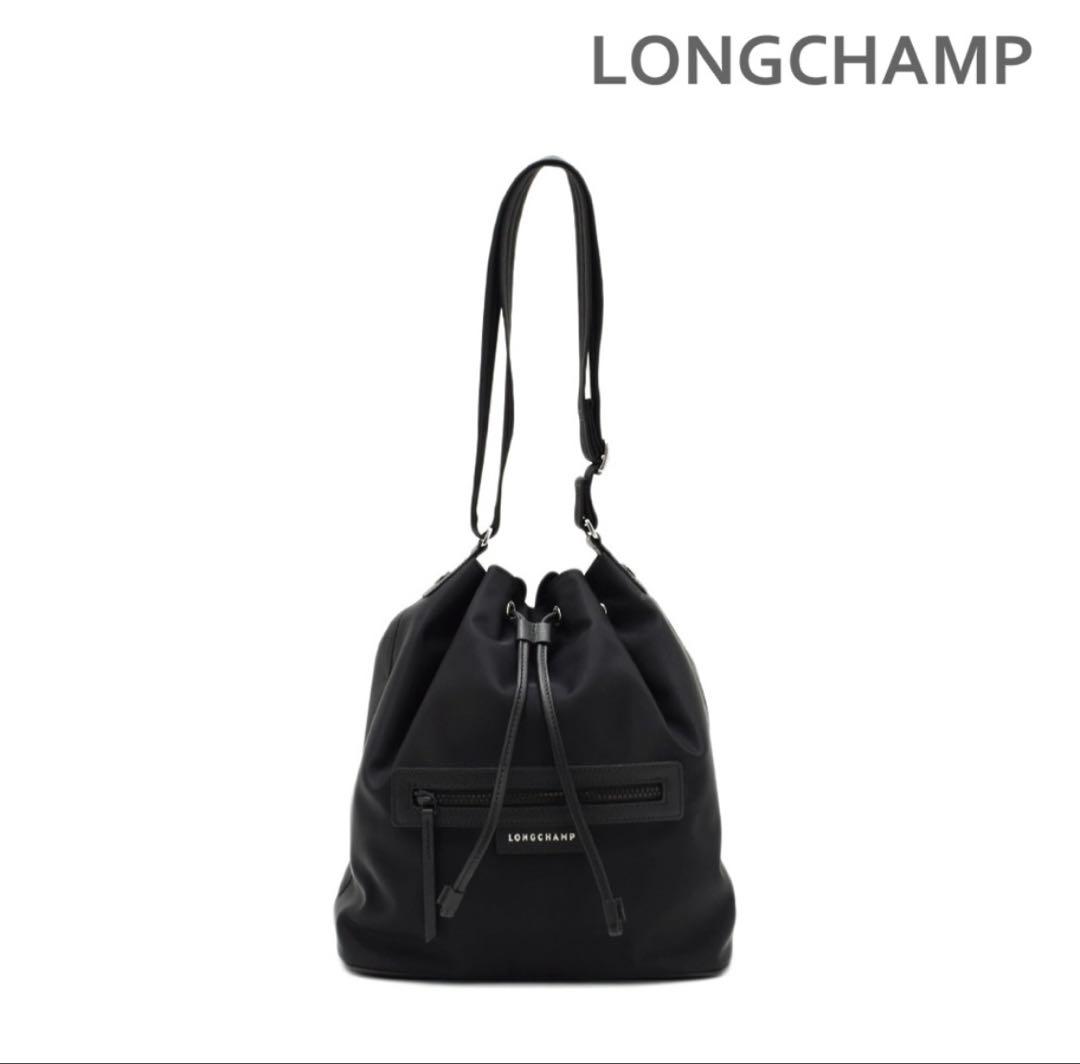 LONGCHAMP ブラック 巾着バッグ LONGCHAMP ロンシャン ショルダーバッグ 巾着 レザー ブラック
