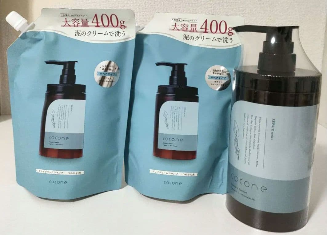 cocone クレイシャンプー400gリペア新newボトル&詰め替え用2個計３点 クレイクリームシャンプー リペア R 詰め替え 400g: コスメ