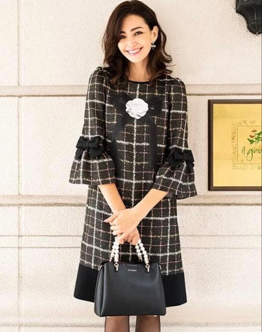 美品☆M'S GRACY ツイードライクプリントワンピース リボン 大きい