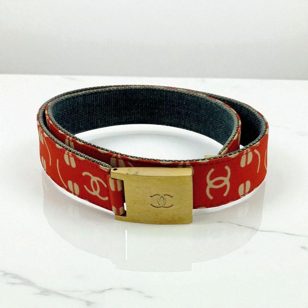 良品✨ シャネル ココマーク ロゴ ベルト キャンバス レッド CHANEL (シャネル) ヴィンテージ ココマーク ロゴ チェーン ベルト