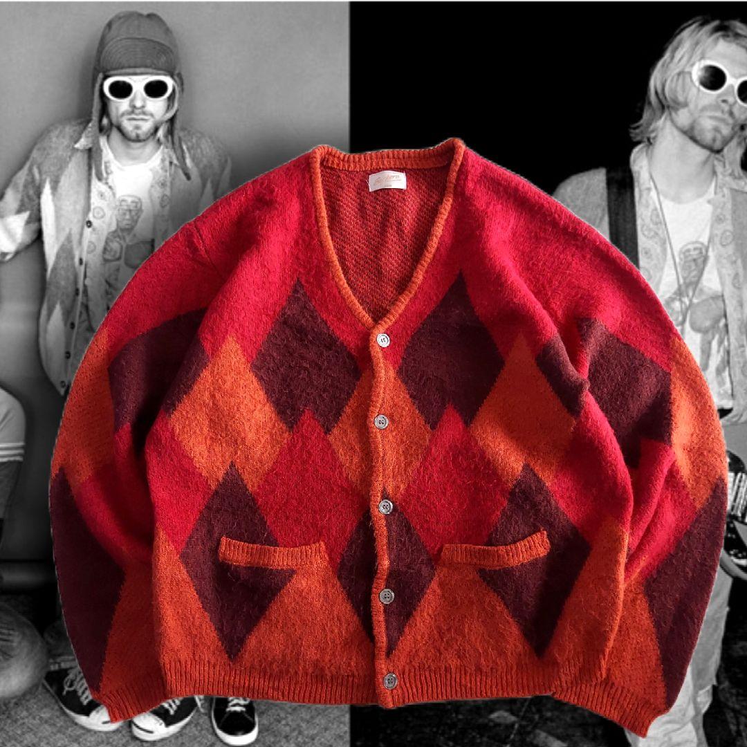 モヘアニット アーガイル柄ジャカード カーディガン L 赤 カート