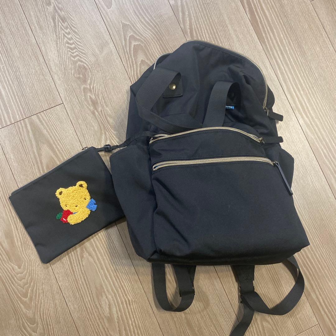 R**様 ブラック マザーズバッグ クマ刺繍ポーチ付き　familiar 人気カラーブラック 名入れができるシンプルクマ柄刺繍のマザーズ