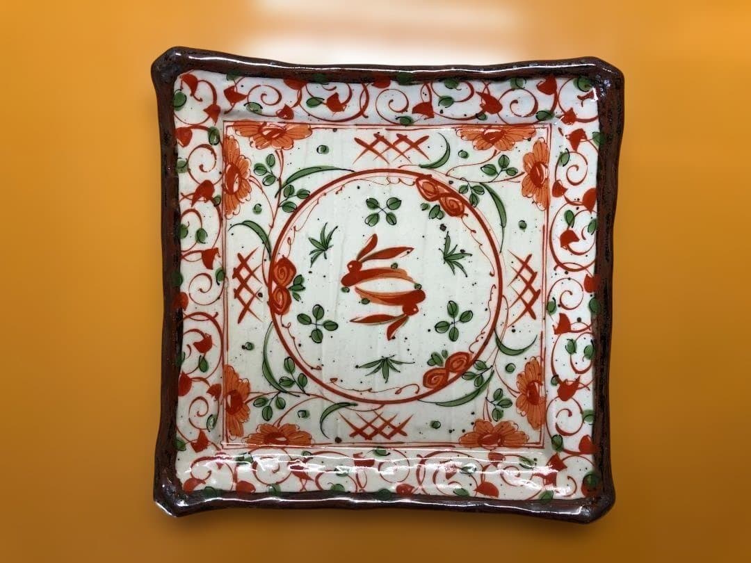 九谷焼 手描赤絵兎四角”大皿” 5客 ※バラ売り・アソート売り可