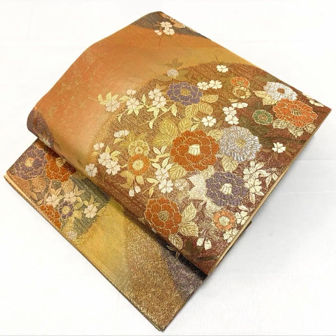 A 蒔碧彩 花々模様 金銀糸 正絹 六通 袋帯 フォーマル O5 - メルカリ