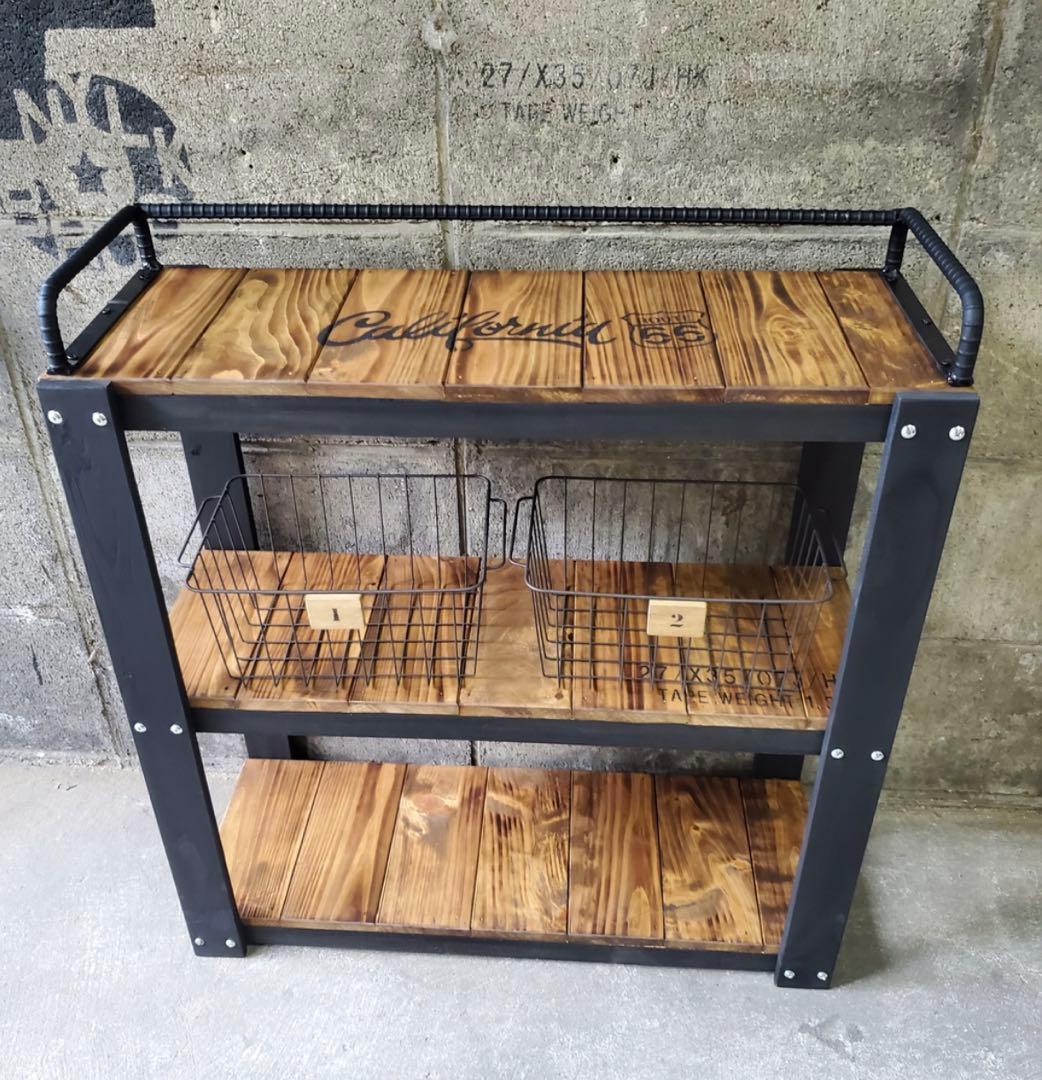 鉄筋バーラック　木製ラック　棚 収納　男前インテリア　インダストリアル 0102 棚 収納 鉄筋バーラック 男前 インダストリアル 棚 国産檜 かごつき