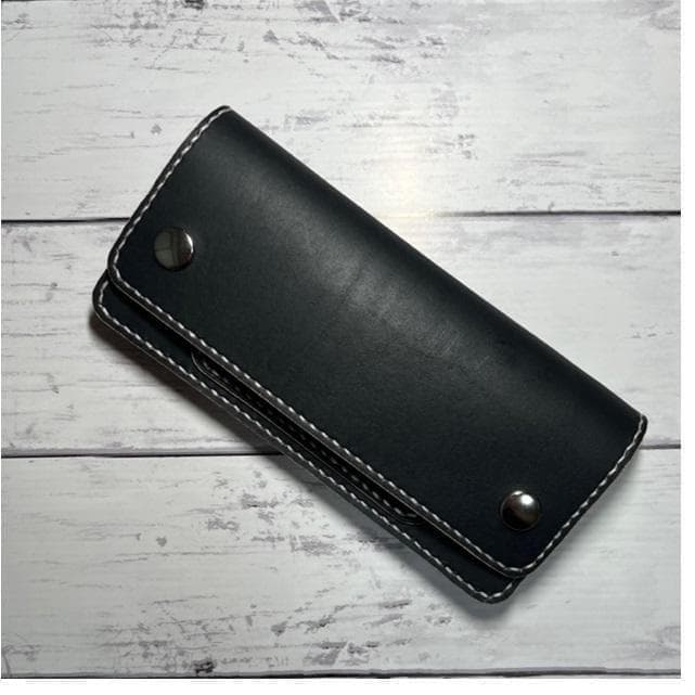 あ、 ロングトラッカーウォレット/姫路レザー茶芯黒色/ステッチ白色 ロングトラッカーウォレット/姫路レザー芯通し黒色/ステッチ白色/フル