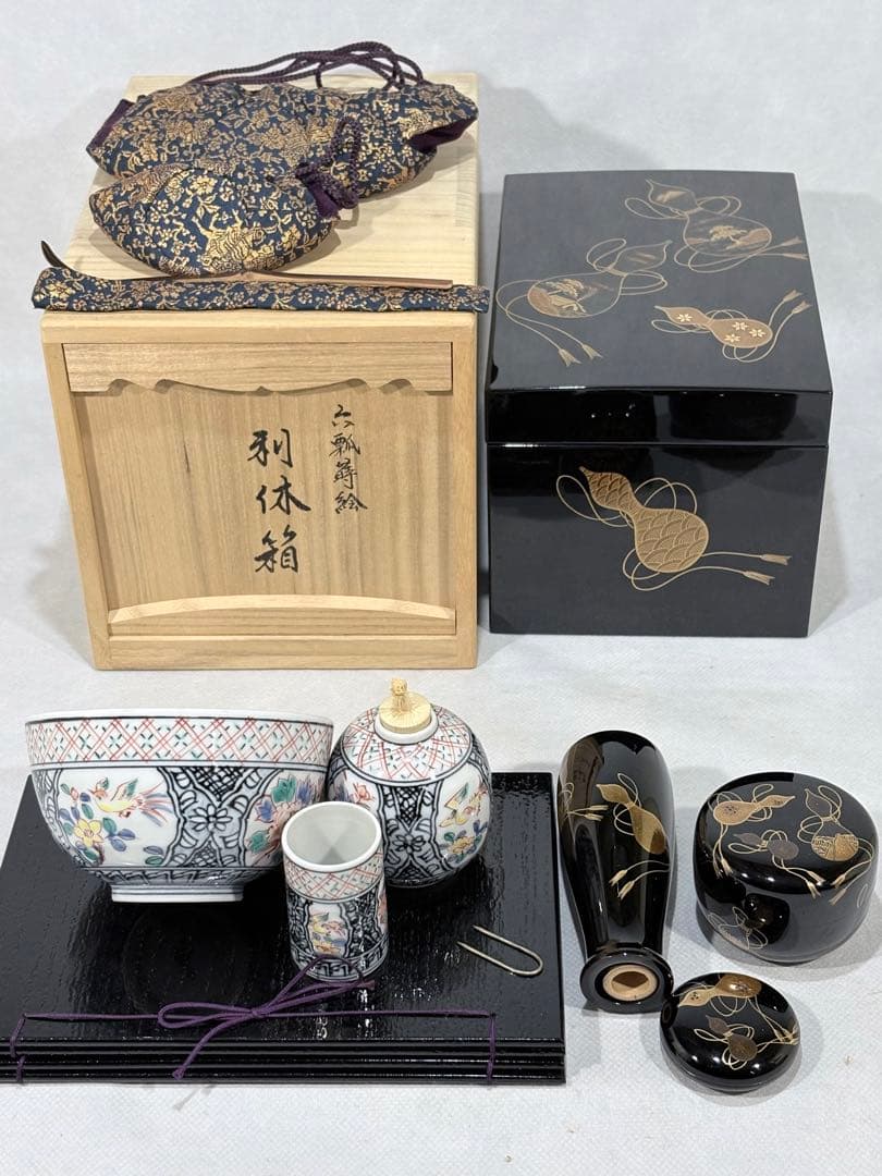 輪島塗 蒔絵師 池端治峰造 六瓢蒔絵利休箱 美品 共箱 茶道具 送料込