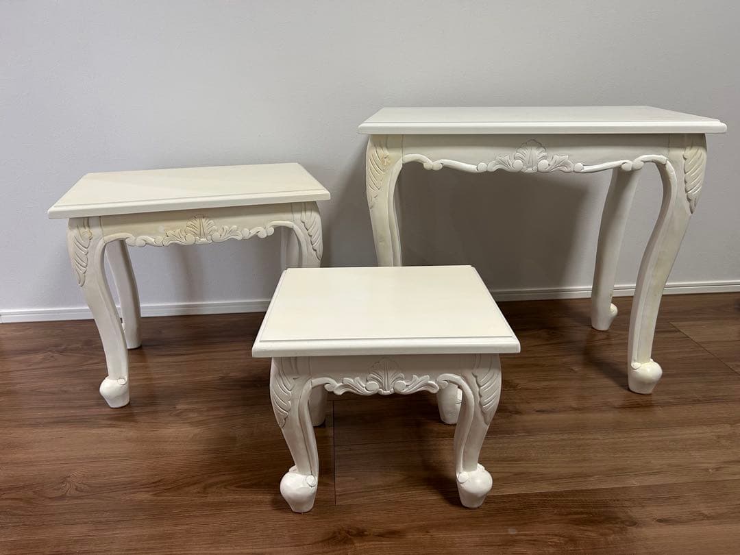 ホワイト　木製サイドテーブル　3点セット　ネストテーブル　カフェテーブル スタンザインテリア ネストテーブル 木製 丸 おしゃれ カフェテーブル