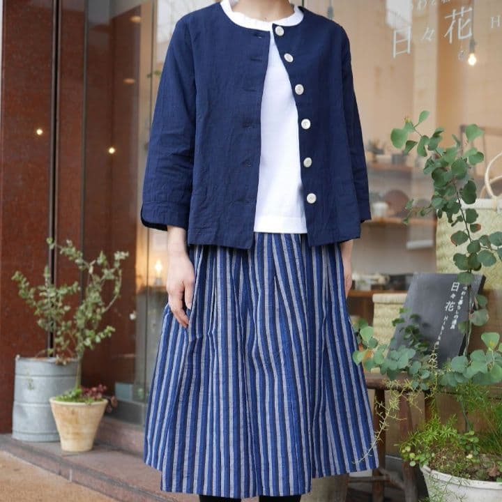 ヤンマ産業 yamma 会津木綿 丸首ノーカラージャケット ネイビー - メルカリ