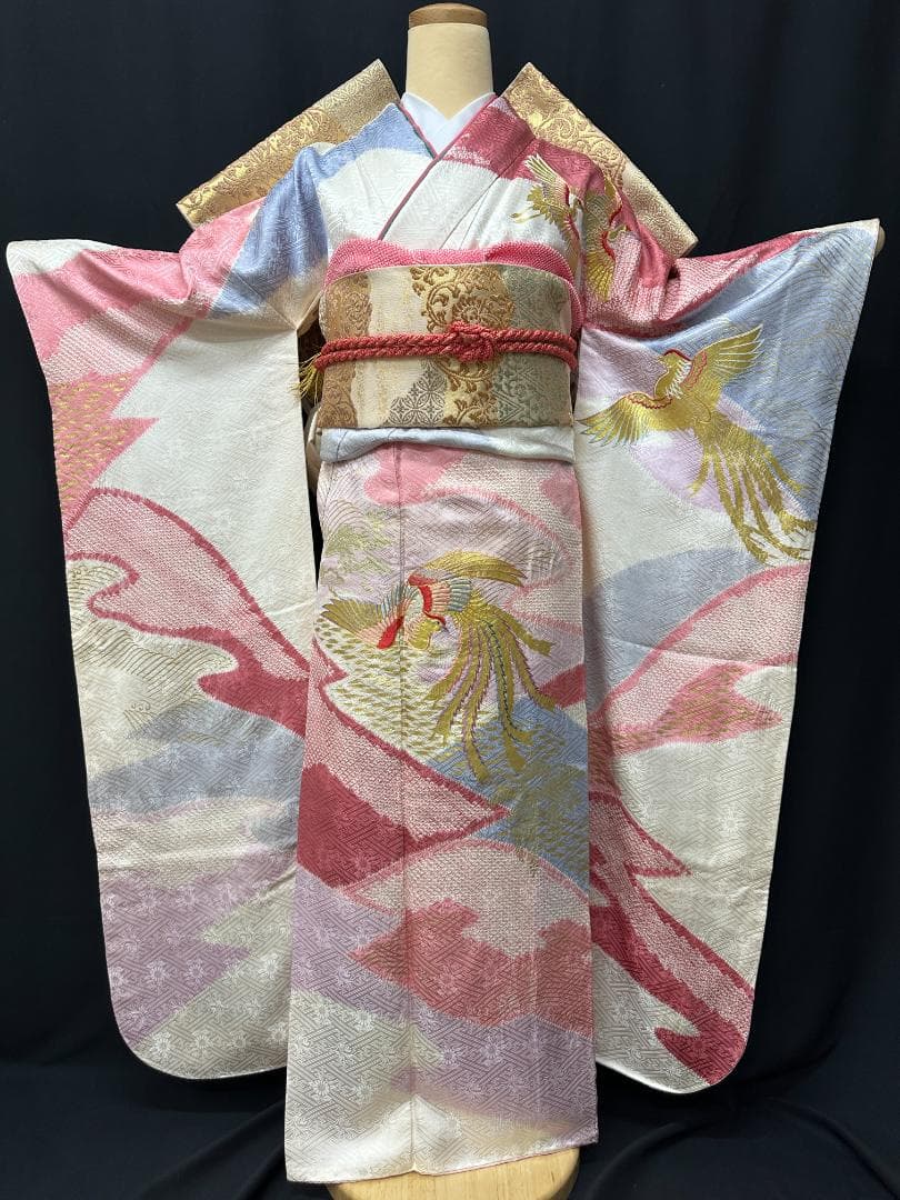 千總 白×ピンク地×ブルー 桶絞り 鳳凰 金駒刺繍 振袖 川島織物フル