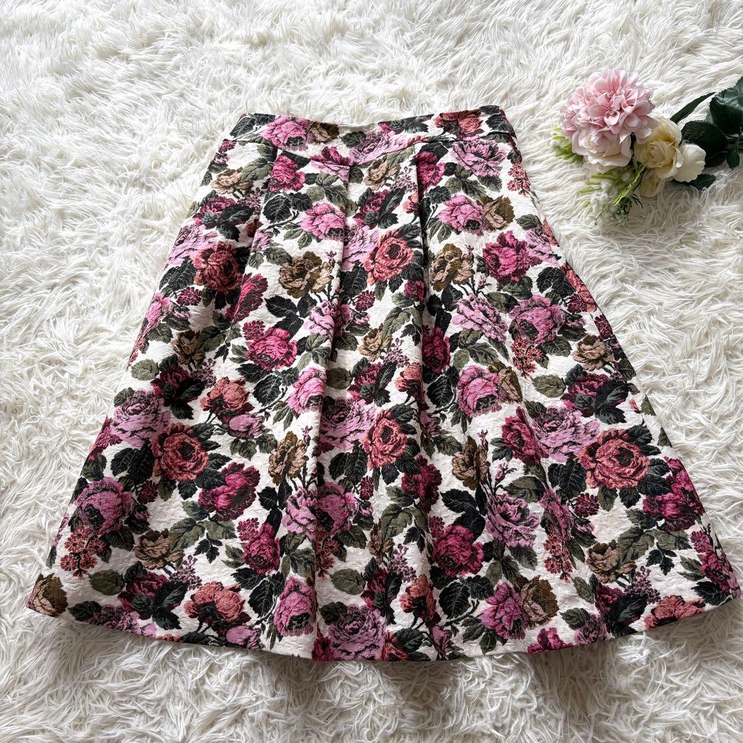 薔薇 ゴブラン調プリントタックスカート エムズグレイシー フレア 20年