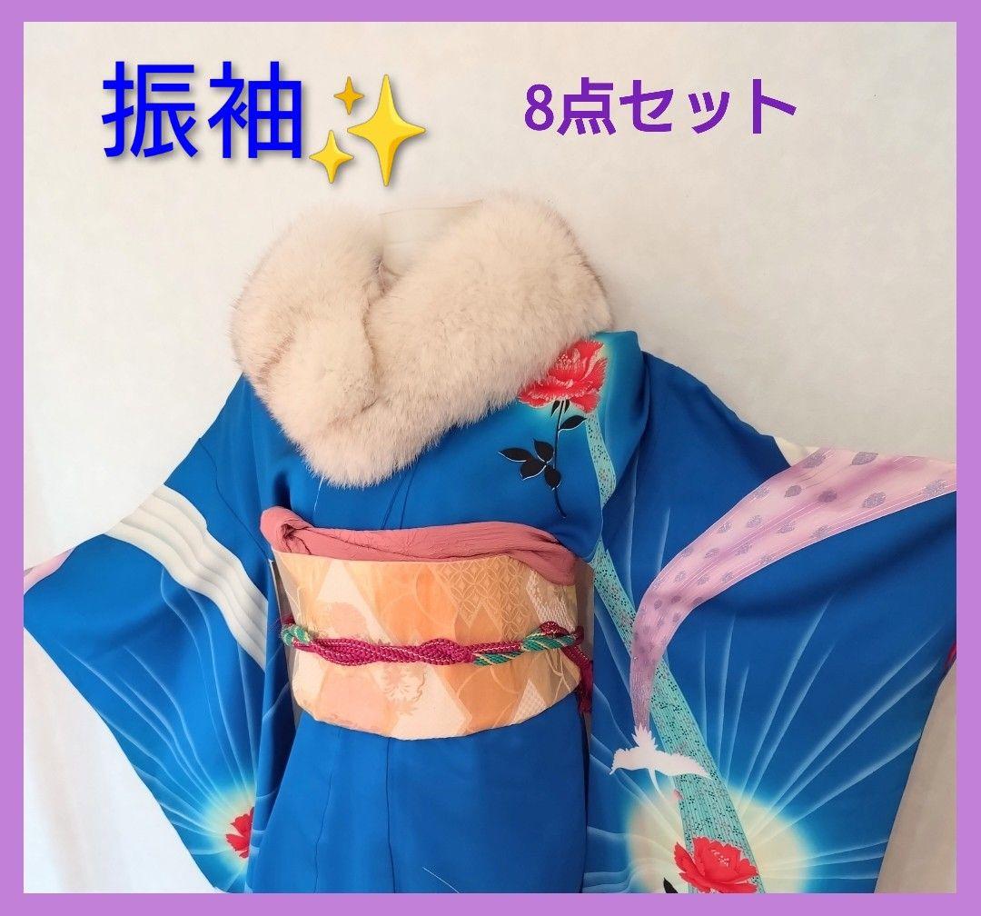 ポケカ 美品 ブルー系振袖 8点フルセット 正絹★青 バラ 鳳凰 ※ラメ お得！クール系 ブルー(青)/黒 牡丹柄 派手 人気 エレガント