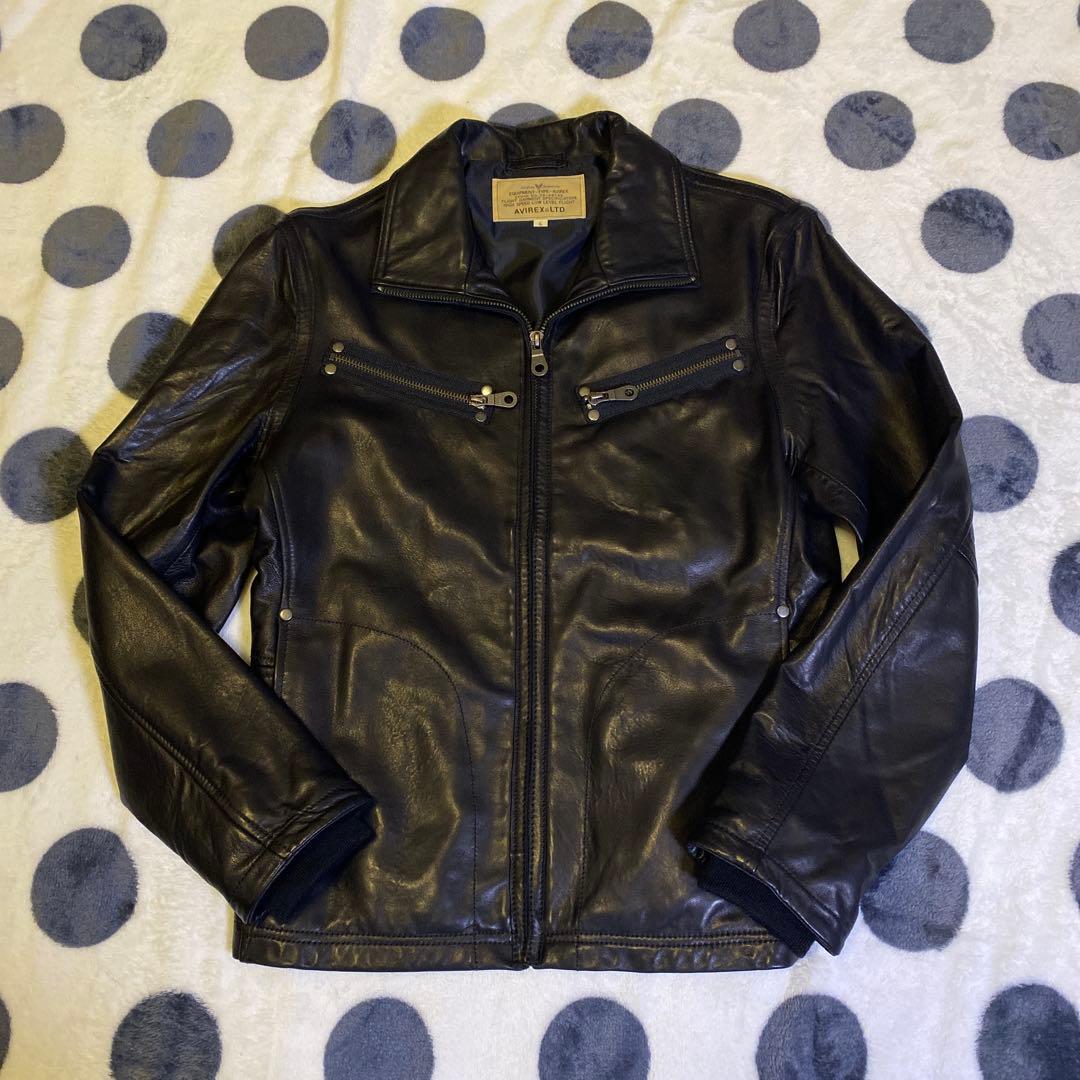 【羊革】AVIREX シングルライダース レザージャケット Lサイズ 黒 AVIREX（アヴィレックス） レザーシングルライダースジャケット