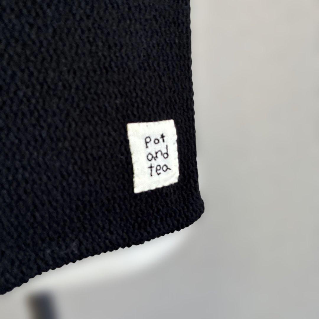 pot and tea 花柄刺繍ニットマフラー ポットアンドティー 黒 ブラック