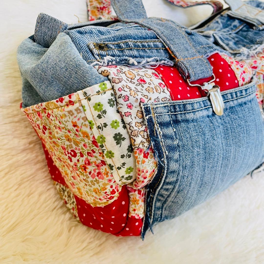 デニムリメイクバッグ パッチワーク 花柄 ボストン ハンドメイド