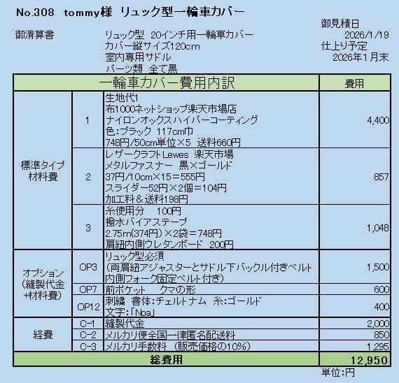 値下げ⭕️商品の説明 tommy様専用 リュック型一輪車カバーNo.308