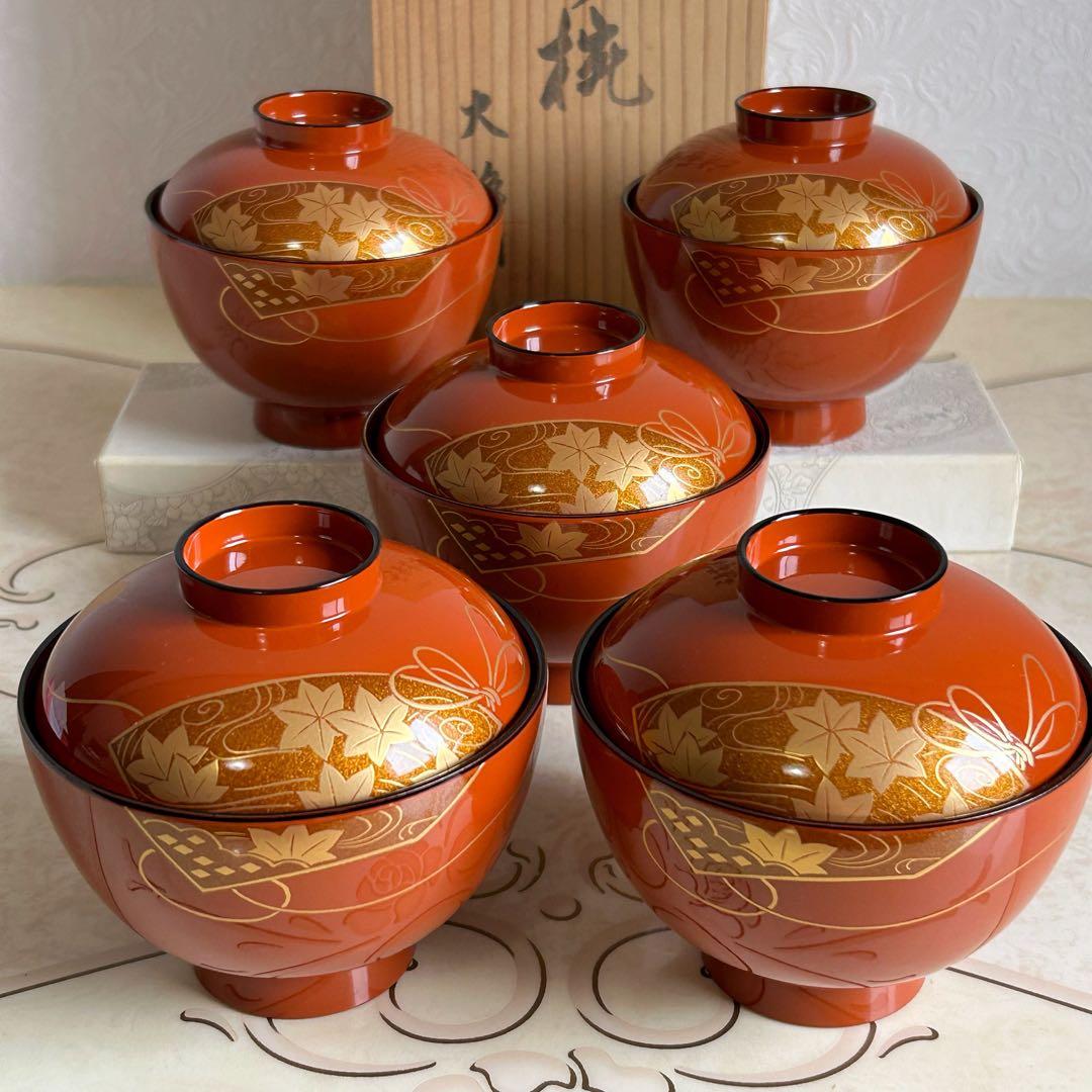 会津塗 金彩蒔絵扇紋 蓋付きお吸物椀 雑煮椀 お椀 5客セット 漆器 汁椀