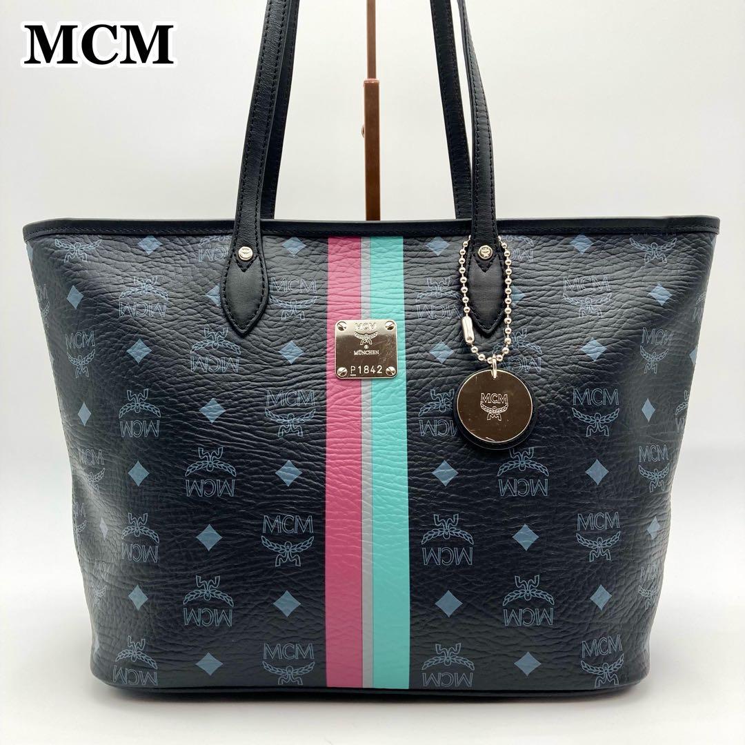 未使用✨ MCM トートバッグ ヴィセトス 総柄 黒 ストライプ ロゴ
