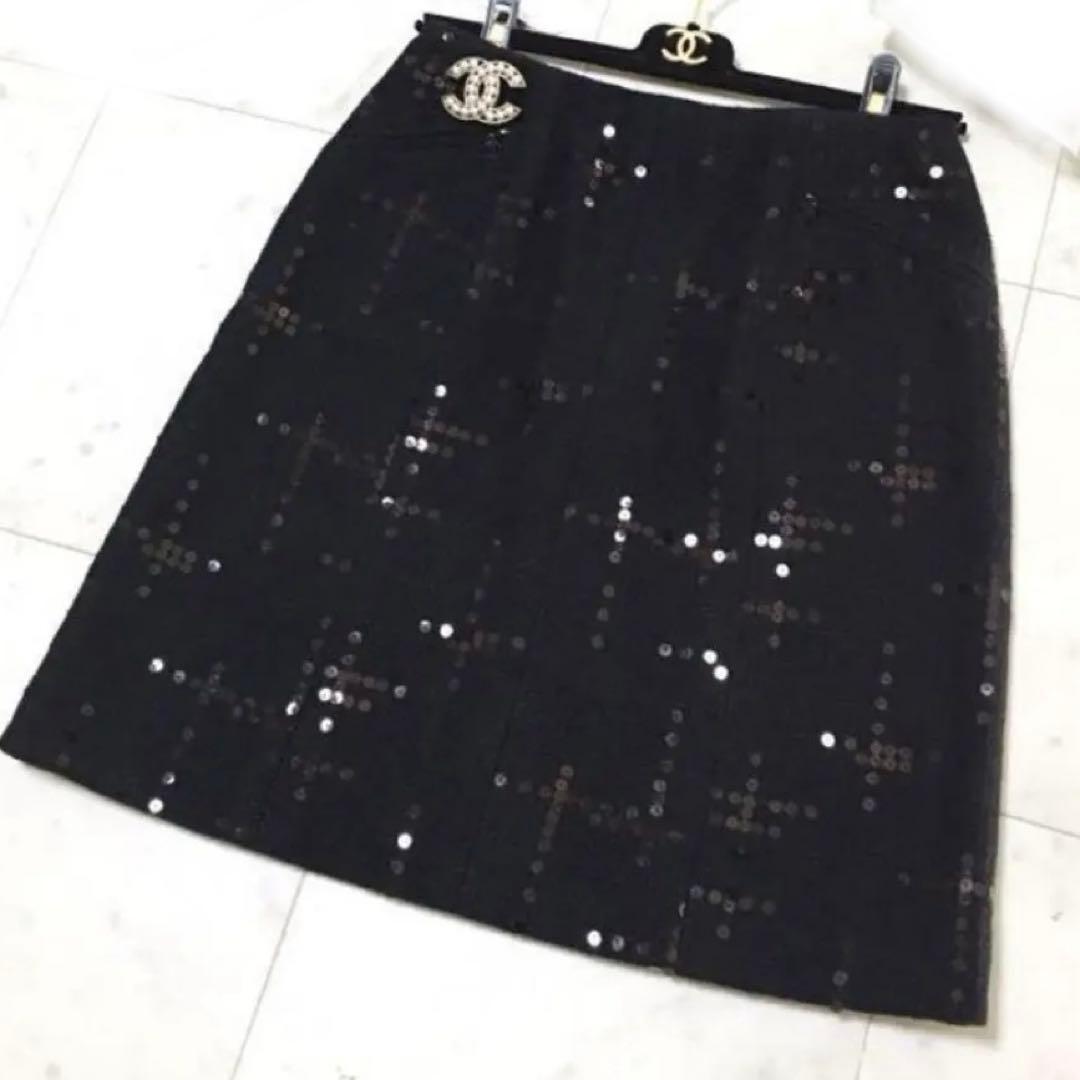 Chanel Tweed 膝丈スカート ショート スカート - グリッター ウール ツイード、ブラック