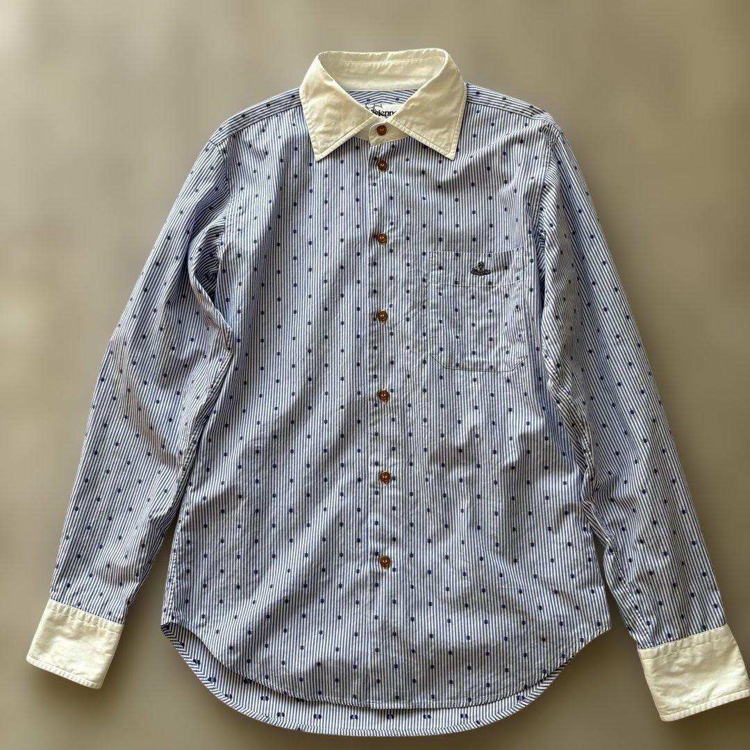 美品【オーブ】ヴィヴィアンウエストウッドマンM ドレスシャツM 水玉　ストライプ Vivienne Westwood - ヴィヴィアンウエストウッド 変形シャツ ロング