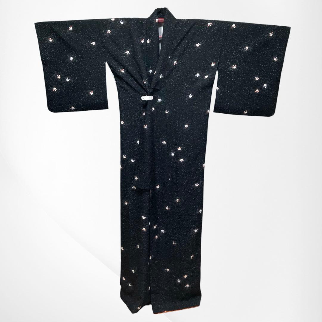 良品✨】東レシルック さんび 洗える着物 小紋 黒色 紗綾形地紋 かぶ