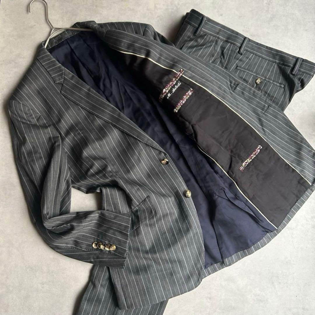 美品 ポールスミスロンドン スーツ セットアップ 総裏 2B 花柄 ストライプ ポールスミス スーツ ストライプ 花柄裏地 セットアップ ブラック M