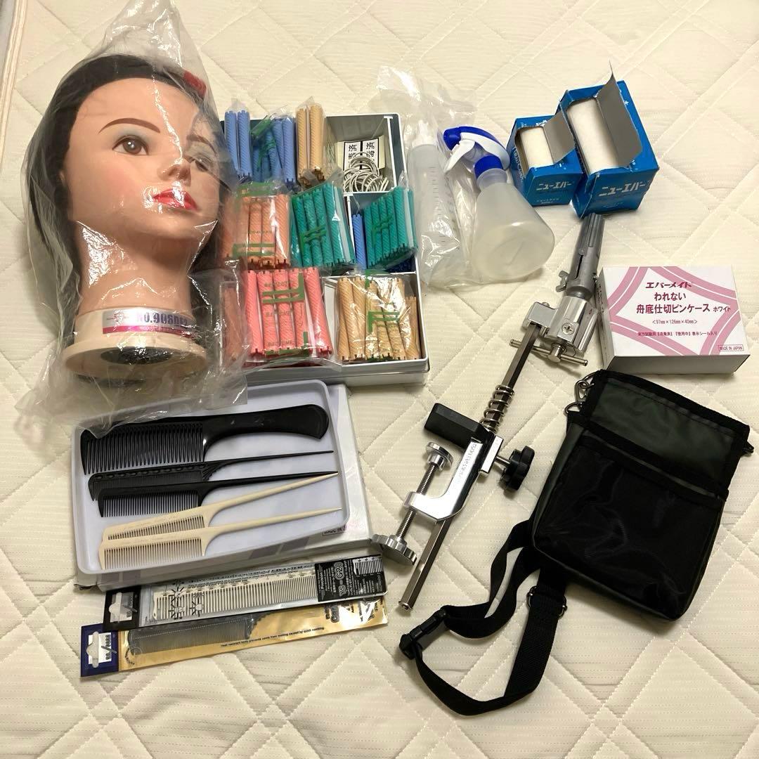 【美品】美容師国家試験　ワインディングウィッグ ロッド クランプ フルセット 美容師国家試験 ワインディングロッド ブルーロッド ロング 17本セット