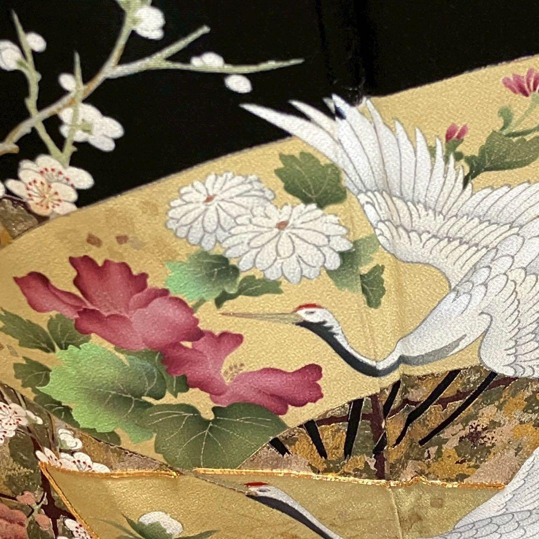 6111］黒留袖 美品 駒刺繍 落款有 比翼付 五つ紋 下り藤 正絹 着物 袷