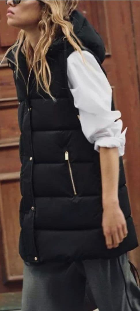 極美品】ザラZARA☆フード付きロングダウンベスト フェイクレザー黒