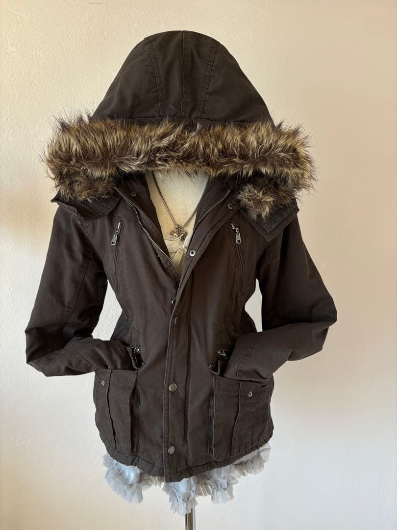 y2k平成ギャル 黒モッズ　ミリタリーフード　ギミック ダークコア小悪魔 ファー y2k 平成ギャル ギミック グランジ ダークコア ファー付きモッズコート