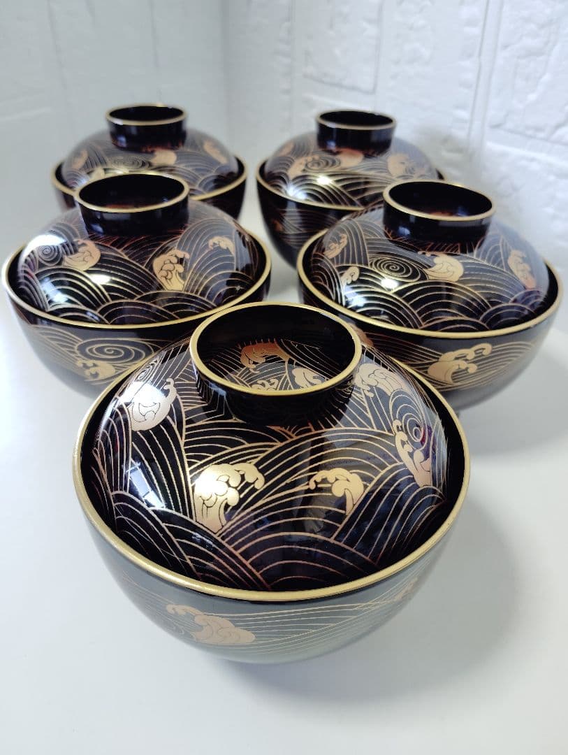 お正月　会津塗　坂本乙造　金彩蒔絵青海波　本漆仕上　蓋付お吸い物椀　雑煮椀　5客 お値下げ！】会津塗 乙造作 金彩蒔絵 本漆塗仕上げ 蓋付き 吸物椀 5客