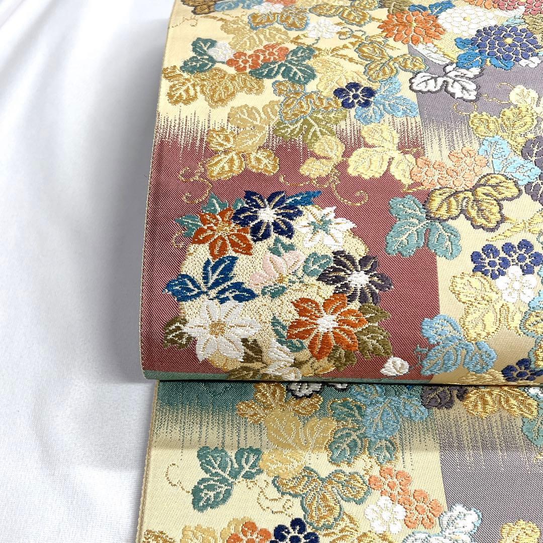 未着用 袋帯 金糸 花紋 菱 菊 牡丹 梅 鉄線 変わり市松 着物 帯 025k