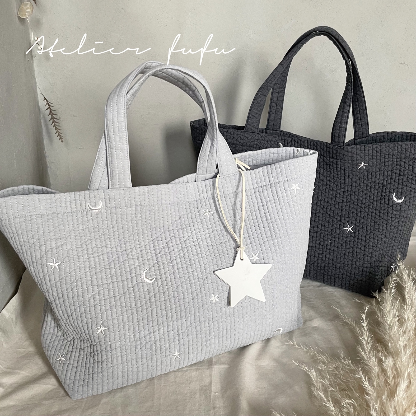 大きめヌビバッグ L☆ 【星と月刺繍シリーズ】くたっと感が可愛い