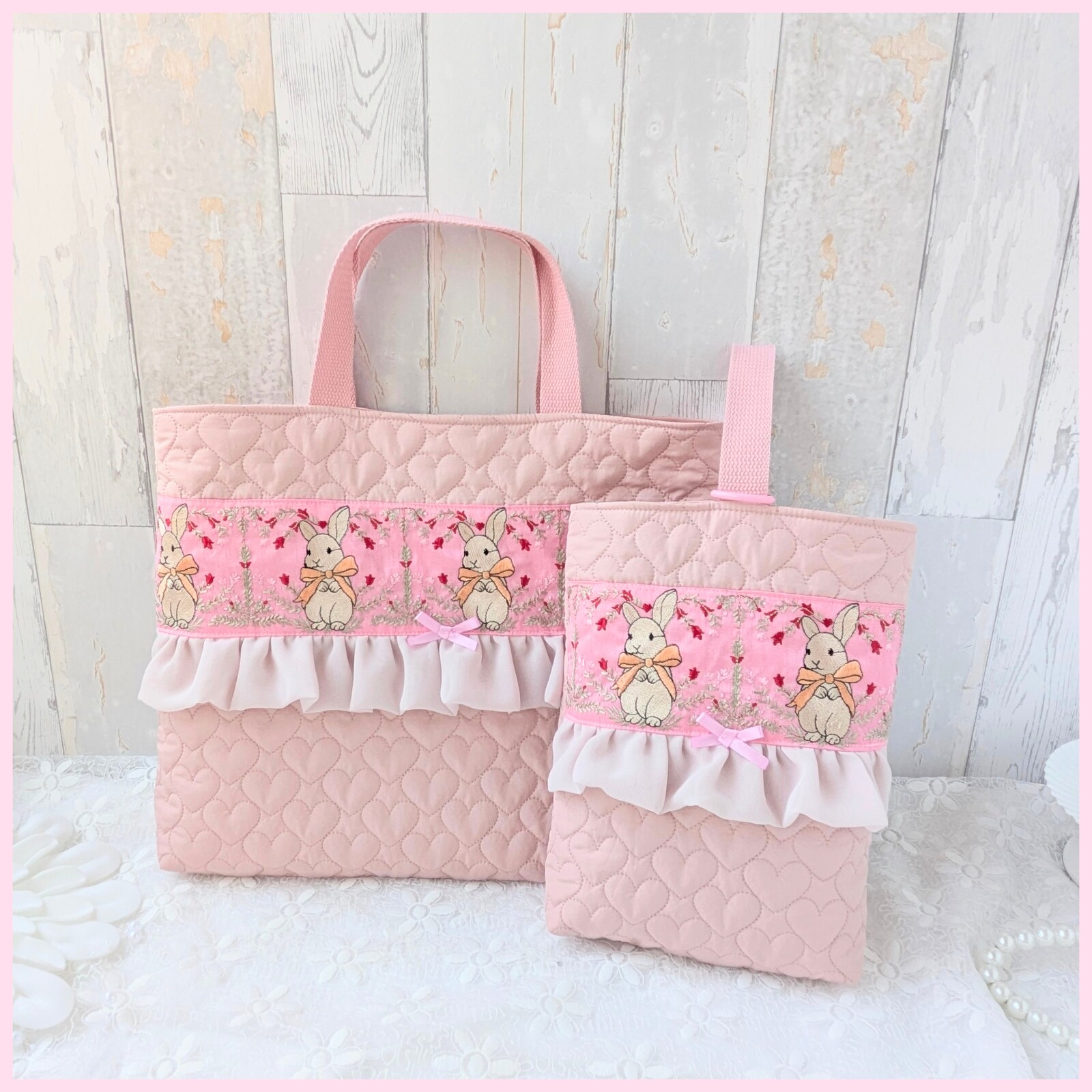 入園入学2点セット 手提げ 上履き袋 ハートキルト リボンうさぎ 刺繍
