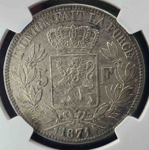 1871年 ベルギー王国 5フラン銀貨（レオポルド2世） NGC認定 AU58