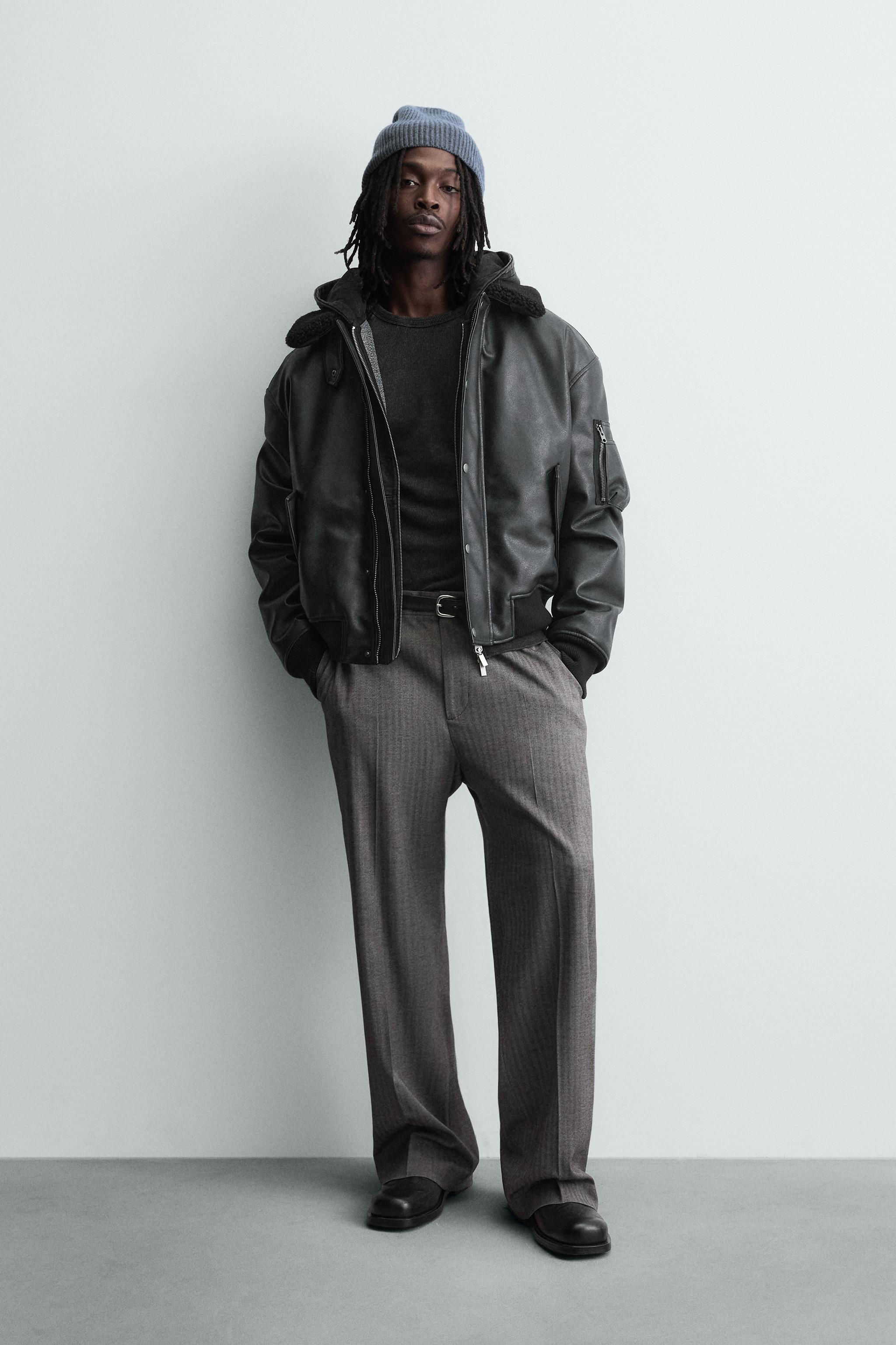 取り外し可能な襟付きフェイクレザージャケット - ブラウン | ZARA