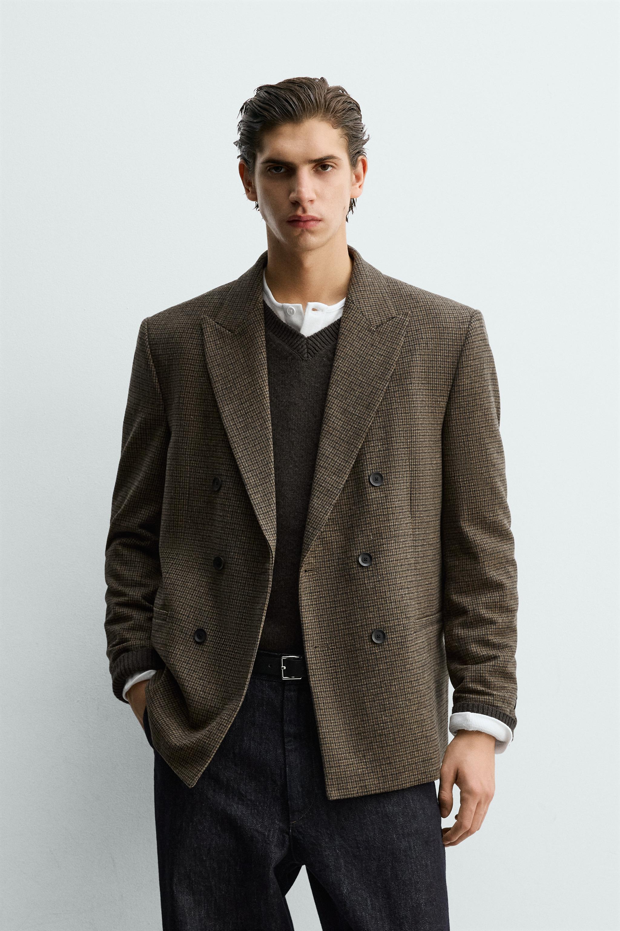 ウール混チェック柄ダブルブレストブレザー - ブラウン | ZARA Japan